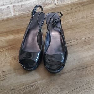 Nine West Glossy Black Peep-Toe Heels